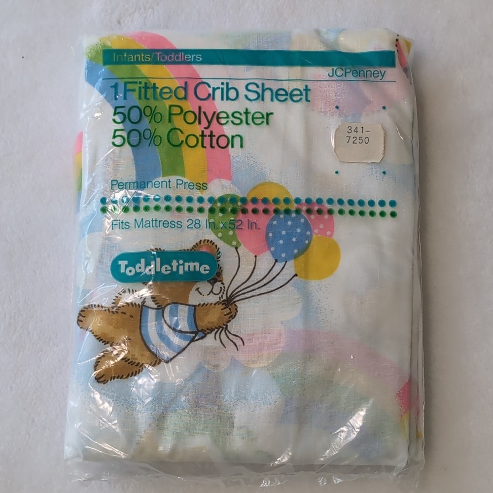 Vintage JCPenney Toddletime Fitted Crib Sheet NOS White Happy Bears Rainbow 90s